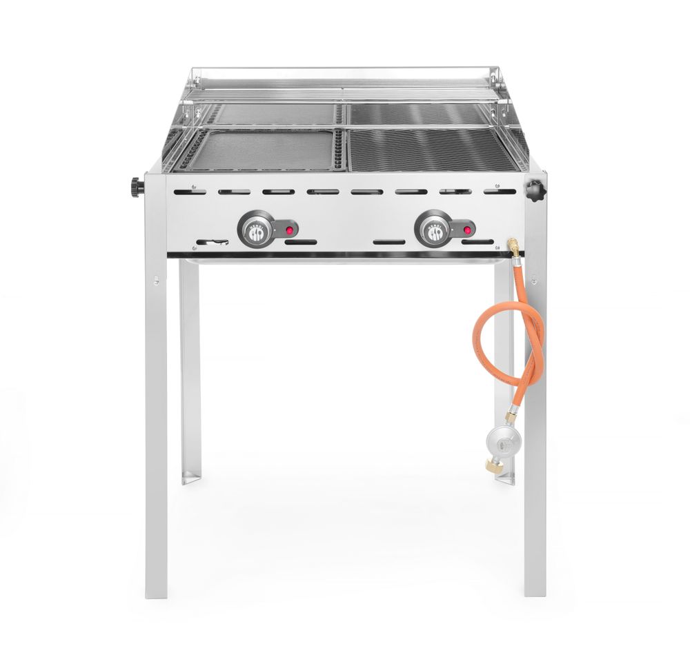 Grillsystem Green Fire 2 Brenner, HENDI, Profi Line, Emaillierte Grillplatte und Grillrost aus Gusseisen GN 1/1, 11,6kW, 740x615x(H)825mm