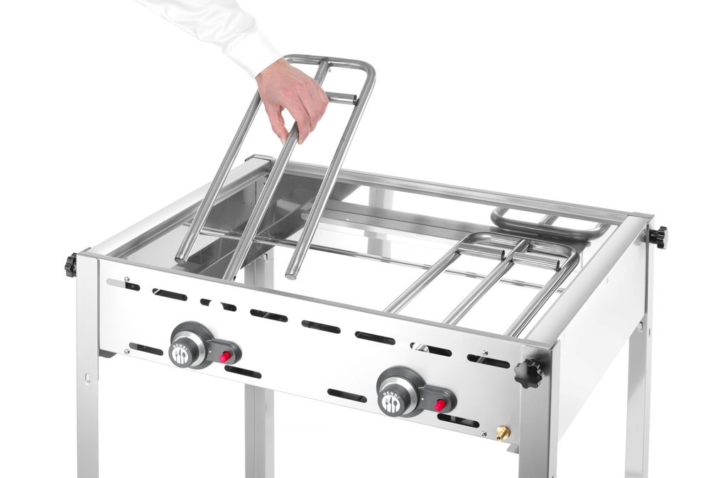 Grillsystem Green Fire 2 Brenner, HENDI, Profi Line, Emaillierte Grillplatte und Grillrost aus Gusseisen GN 1/1, 11,6kW, 740x615x(H)825mm