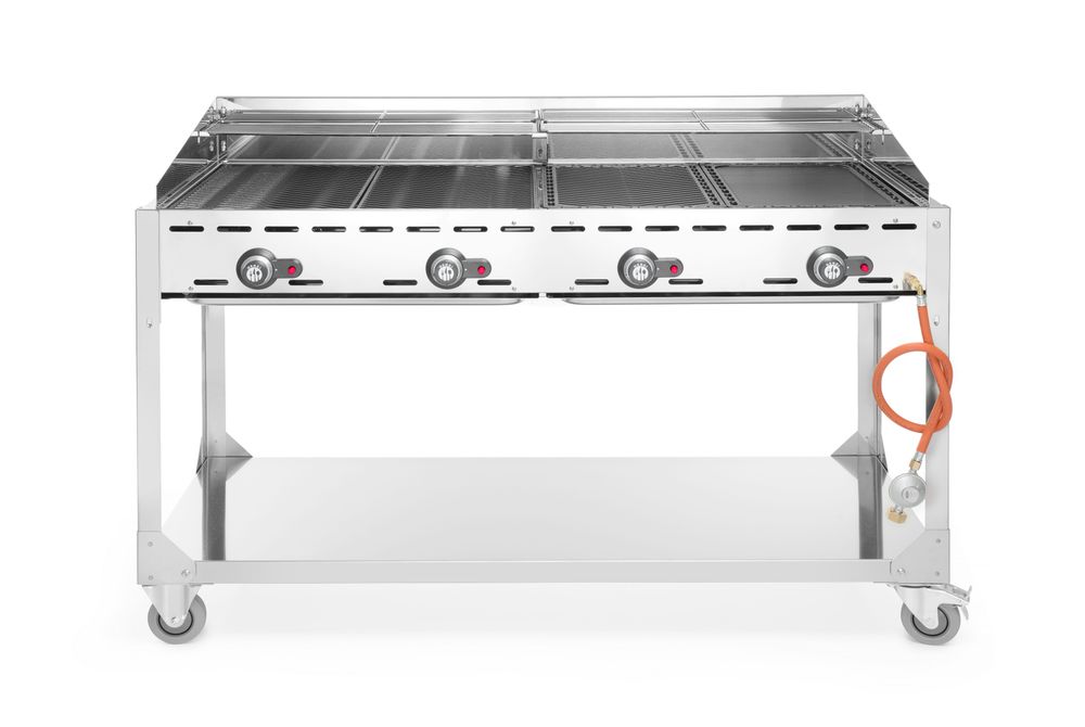 Grillsystem Green Fire 4 Brenner, HENDI, Profi Line, mit Rollengestell, Hellgrau, 22kW, 1400x612x(H)825mm