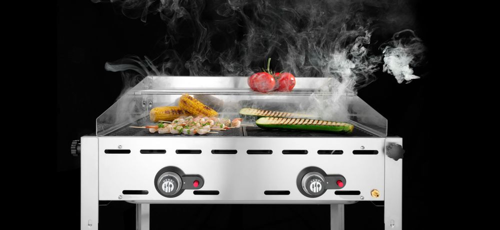 Grillsystem Green Fire 2 Brenner, HENDI, Profi Line, 2 Edelstahl Grillroste Gastronorm 1/1, 11,6kW, 740x612x(H)825mm