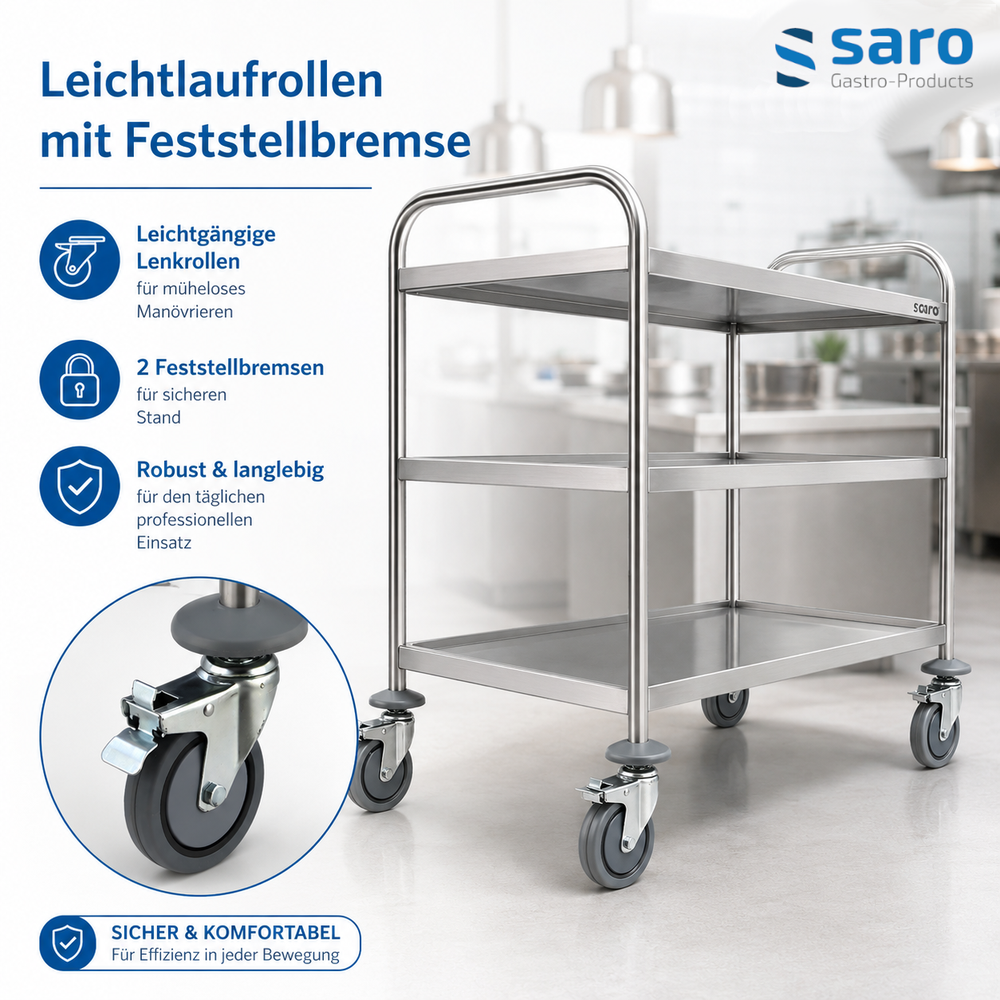 SARO Servierwagen BASTIAN – Edelstahl, 3 Borde, leichte Ausführung