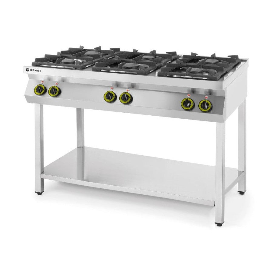 Gasherd - 6 Kochfelder, offener Unterbau, HENDI, Kitchen Line, 28,5kW, 1200x700x H 900mm HENDI