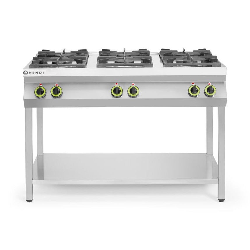 Gasherd - 6 Kochfelder, offener Unterbau, HENDI, Kitchen Line, 28,5kW, 1200x700x H 900mm HENDI