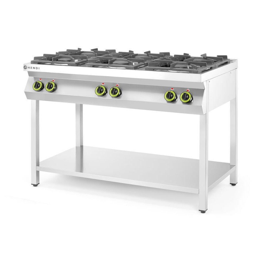 Gasherd - 6 Kochfelder, offener Unterbau, HENDI, Kitchen Line, 28,5kW, 1200x700x H 900mm HENDI