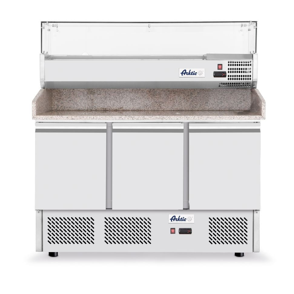 Arktic Pizzatisch dreitürig mit Kühlaufsatz – 380 + 40 L, 6 × GN 1/4 Arktic