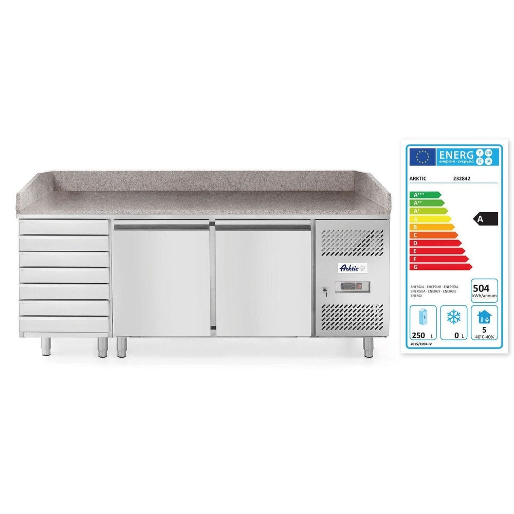 Pizzatisch, zweitürig mit 7 Schubladen 280L, Arktic, 250L, 230V/250W, 2020x802x H 1000mm Arktic