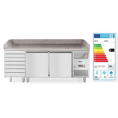 Pizzatisch, zweitürig mit 7 Schubladen 280L, Arktic, 250L, 230V/250W, 2020x802x H 1000mm Arktic