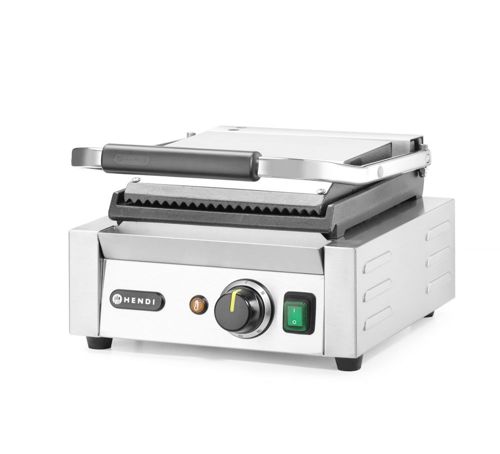 Kontaktgrill - Einzelversion, HENDI, oben gerillt, unten glatt, 230V/1800W, 310x400x H 210mm HENDI