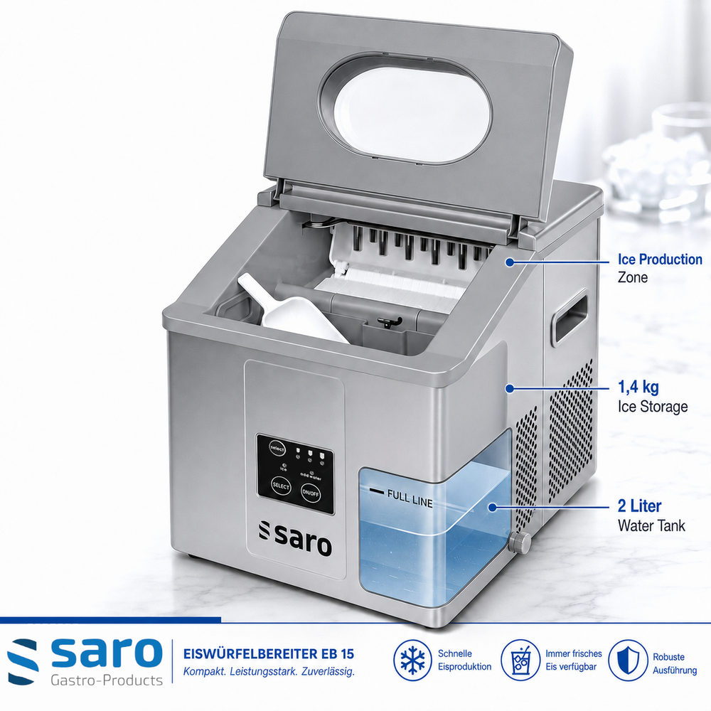 SARO Eiswürfelbereiter EB 15 PRO – 15 kg in 24 h, 3 Eisgrössen