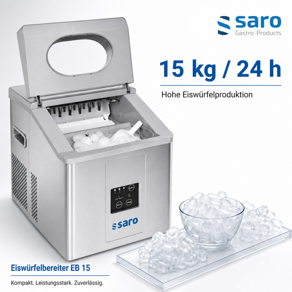 SARO Eiswürfelbereiter EB 15 PRO – 15 kg in 24 h, 3 Eisgrössen