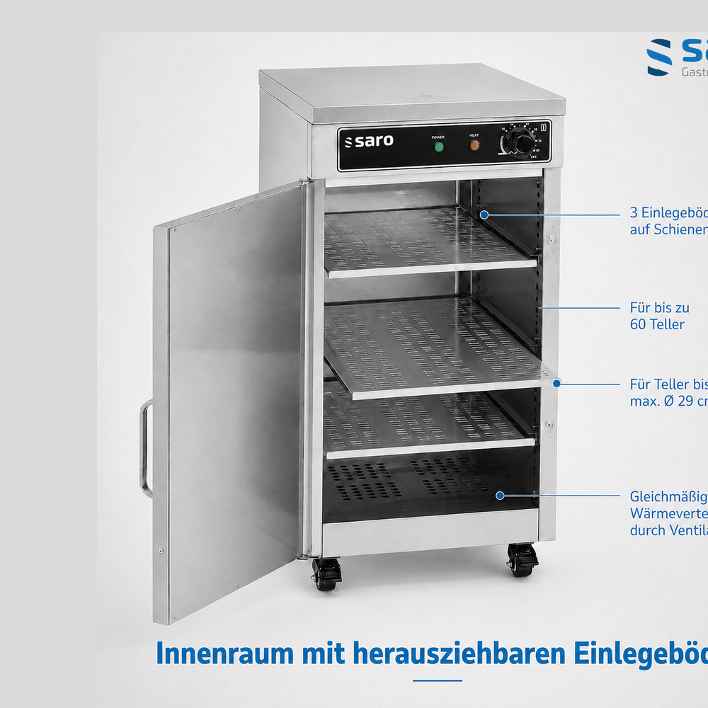 SARO Tellerwärmeschrank TW 60 – 60 Teller bis Ø 29 cm, mit Rollen