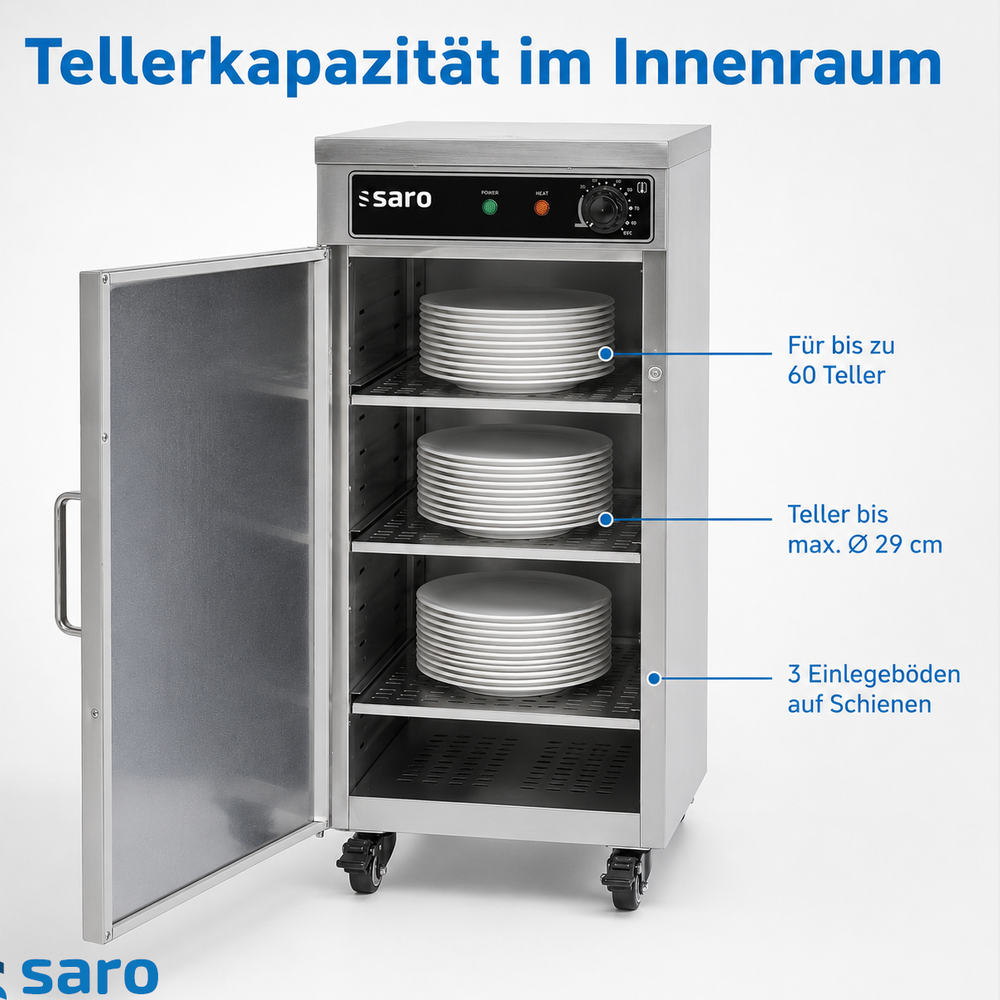 SARO Tellerwärmeschrank TW 60 – 60 Teller bis Ø 29 cm, mit Rollen