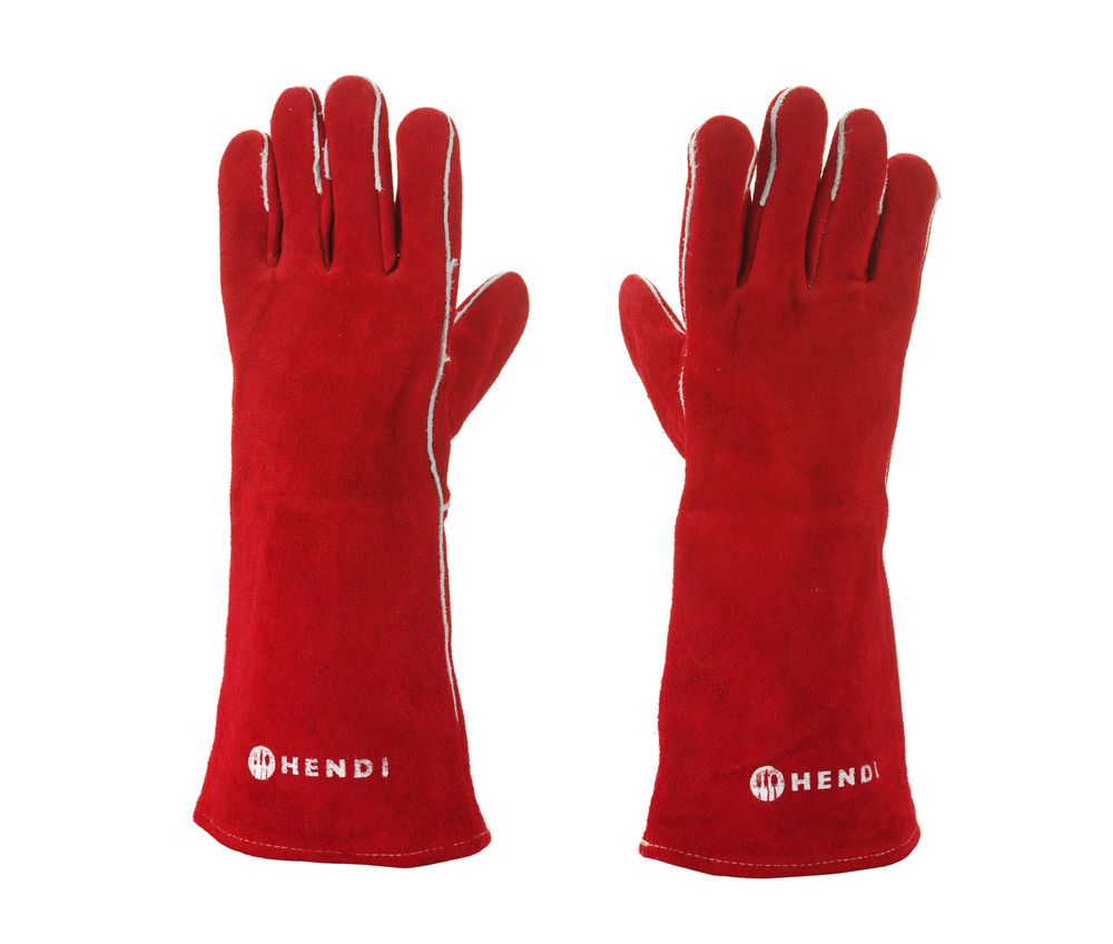 HENDI Hitzeschutzhandschuhe Leder Rot 410 mm – bis 100 °C, 2 Stück