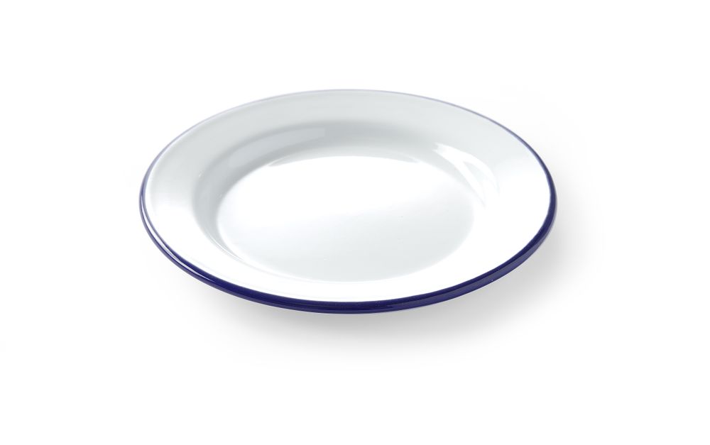 HENDI Emaille Teller flach Ø 200 mm – weiss mit blauem Rand