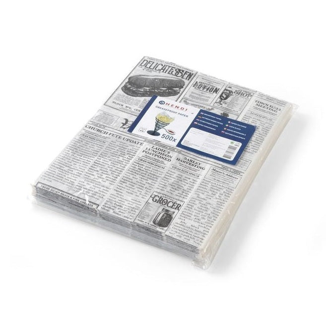 HENDI Einschlagpapier fettdicht Zeitungsdruck – 200 × 250 mm, 500 Stk. HENDI
