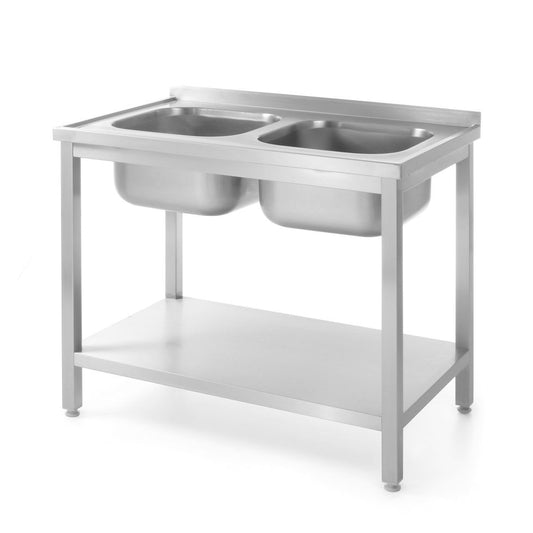 Tisch mit 2 Spülbecken und Ablage – verschraubt, Tiefe 600 mm, HENDI, Kitchen Line, 1000x600x H 850mm HENDI