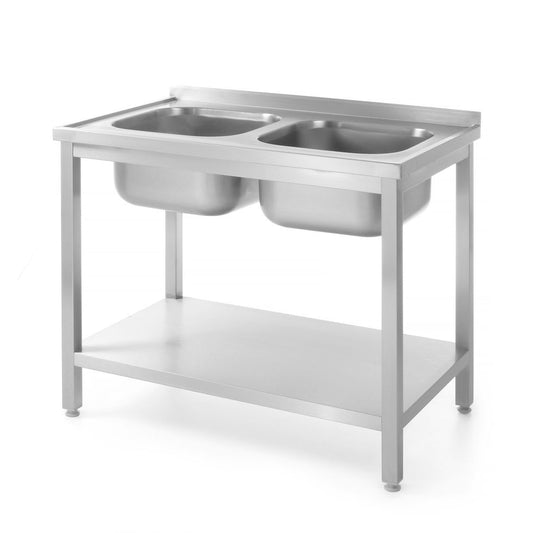 Tisch mit 2 Spülbecken, mit Ablage – verschraubt, HENDI, Kitchen Line, 1000x700x H 850mm HENDI