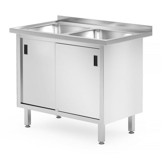 Tisch mit 2 Spülbecken, Schrank – verschweißt, mit Schiebetüren, HENDI, Profi Line, 1000x600x H 850mm HENDI