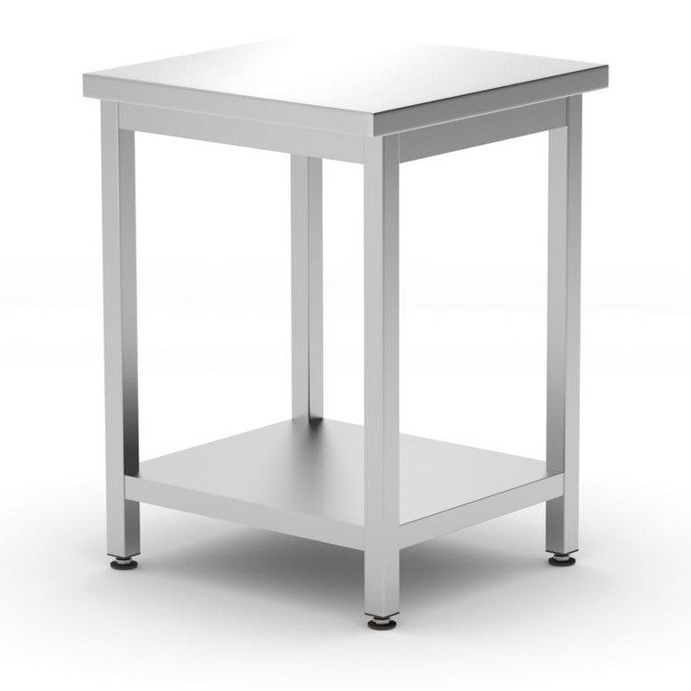 Zentraler Arbeitstisch mit Regalboden Budget Line - geschraubt, Tiefe 600 mm, HENDI, Budget Line, 600x600x H 850mm HENDI