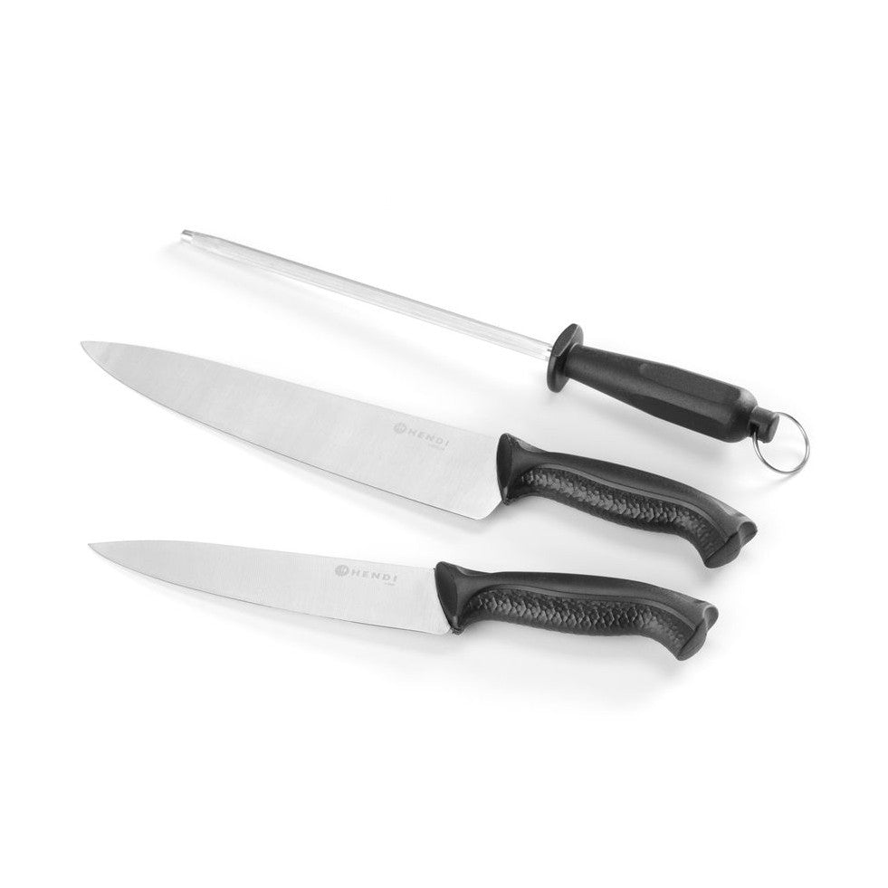 HENDI Messerset 3-teilig – 2 Messer und Wetzstahl, Schwarz