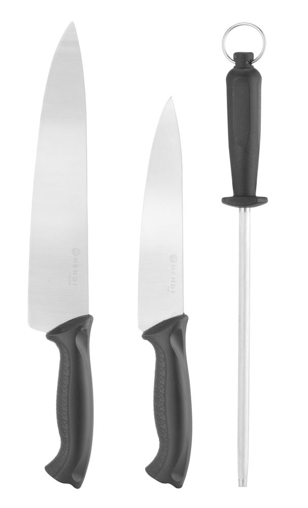HENDI Messerset 3-teilig – 2 Messer und Wetzstahl, Schwarz