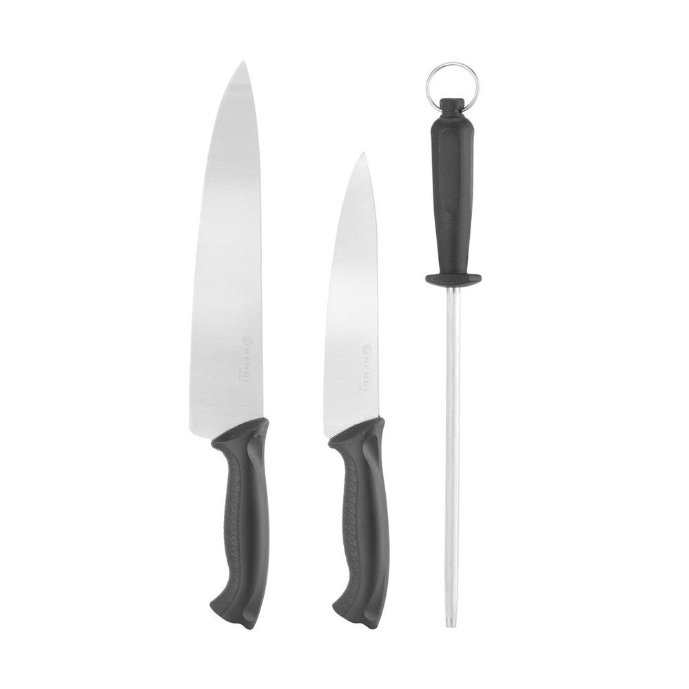 HENDI Messerset 3-teilig – 2 Messer und Wetzstahl, Schwarz