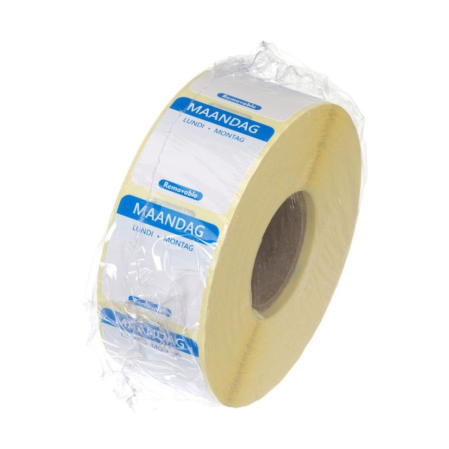 HENDI Tagesetiketten Montag Blau – 1000 Stk., 25 × 25 mm, DE/FR/NL