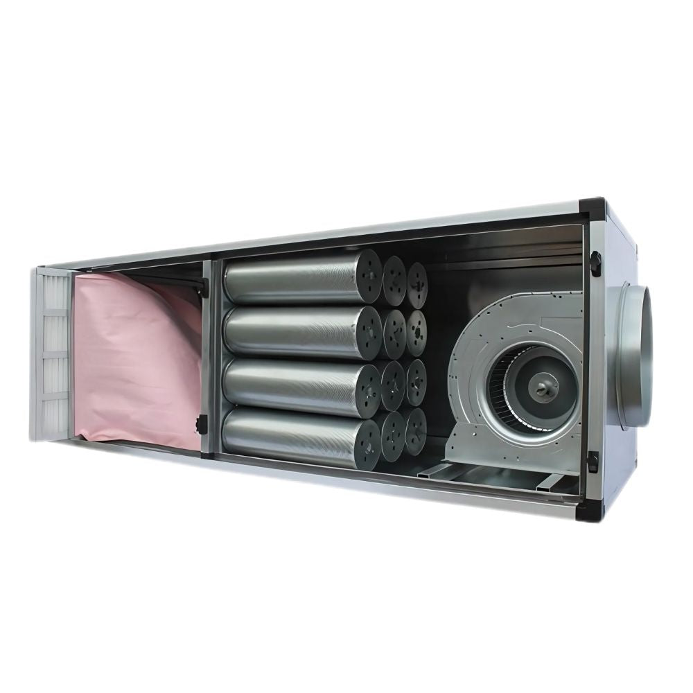 Abluftreinigungsanlage mit Vor-, Taschen & Aktivkohlefilter, 6000 m³/h 230V / 1,1kW, 2000x970x670mm Qusinox