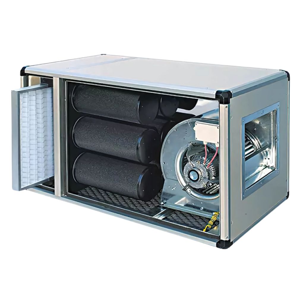 Abluftreinigungsanlage mit Vor- & Aktivkohlefilter, 3250 m³/h 230V / 0,55kW, 1250x700x700mm Qusinox