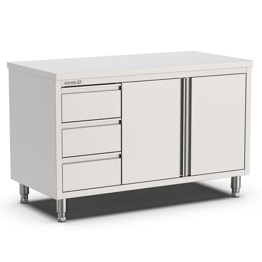 Edelstahl Arbeitsschrank, 1200x600x900mm, mit Flügeltüren und 3 Schubladen links Qusinox