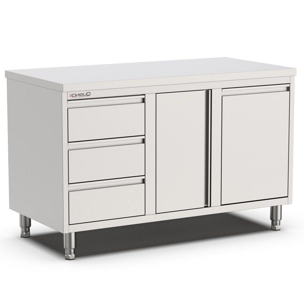 Edelstahl Arbeitsschrank, 1400x700x900mm, mit Flügeltür, 3 Schubladen links und Kipptür Qusinox