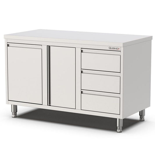 Edelstahl Arbeitsschrank, 1400x600x900mm, mit Flügeltür, 3 Schubladen rechts und Kipptür Qusinox