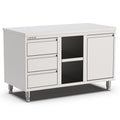 Edelstahl Arbeitsschrank, 1400x700x900mm, mit 3 Schubladen links, Regal und Kipptür Qusinox