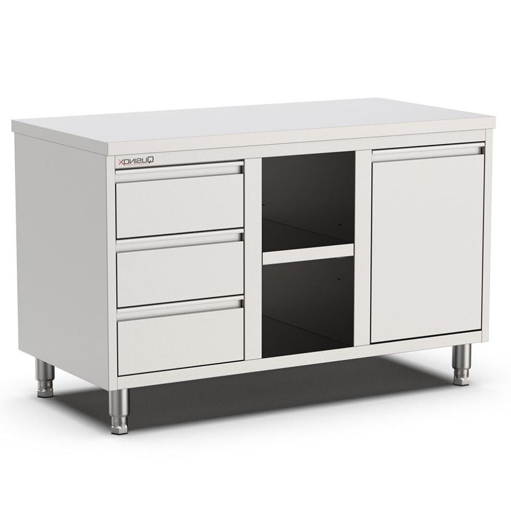 Edelstahl Arbeitsschrank, 1400x700x900mm, mit 3 Schubladen links, Regal und Kipptür Qusinox