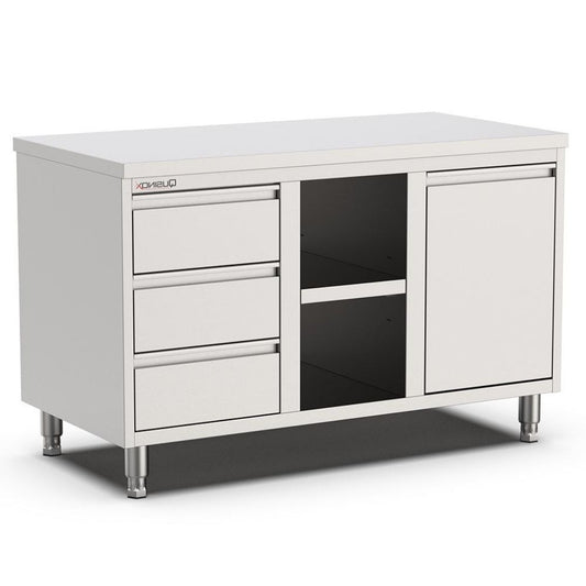 Edelstahl Arbeitsschrank, 1400x700x900mm, mit 3 Schubladen links, Regal und Kipptür Qusinox