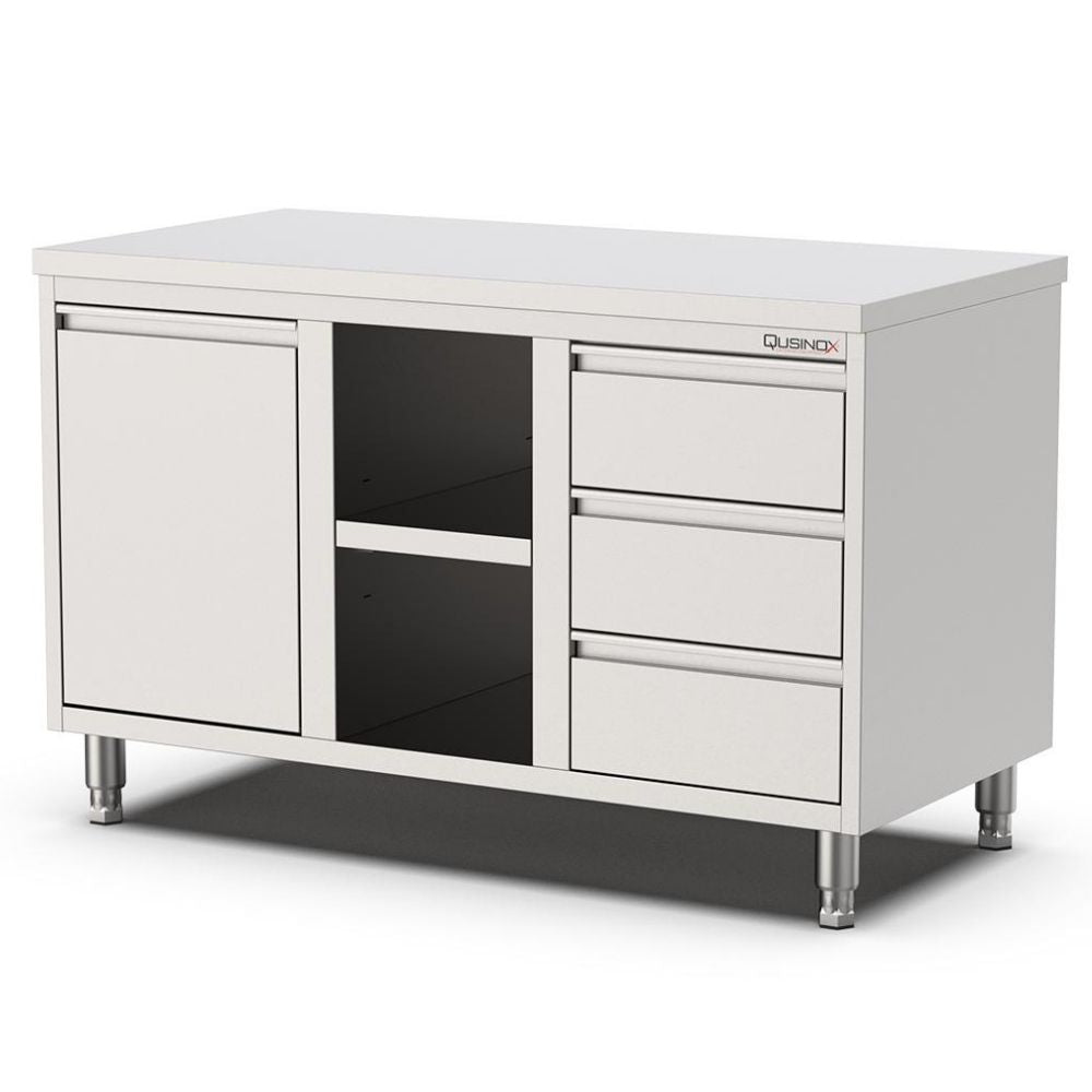 Edelstahl Arbeitsschrank, 1400x700x900mm, mit 3 Schubladen rechts, Regal und Kipptür Qusinox