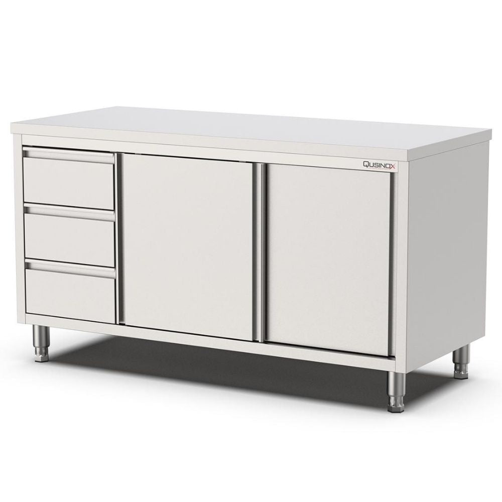 Edelstahl Arbeitsschrank, 1600x700x900mm, mit 3 Schubladen links Qusinox