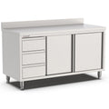 Edelstahl Arbeitsschrank, 1800x700x900mm, mit 3 Schubladen links und Aufkantung Qusinox