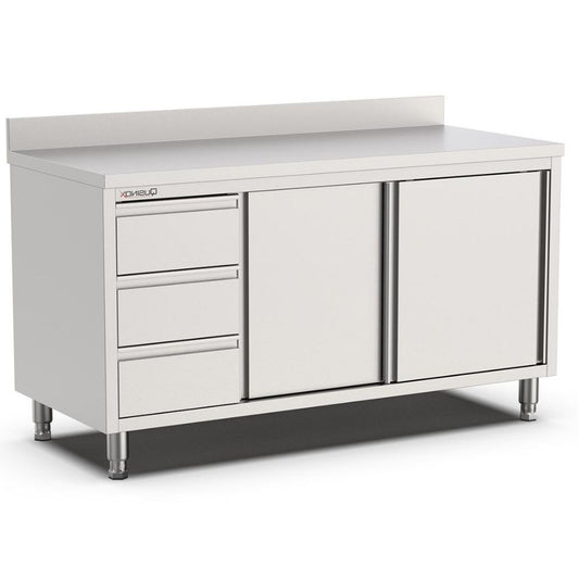 Edelstahl Arbeitsschrank, 1800x600x900mm, mit 3 Schubladen links und Aufkantung Qusinox