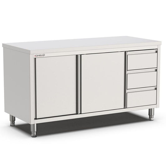 Edelstahl Arbeitsschrank, 2000x600x900mm, mit 3 Schubladen rechts Qusinox