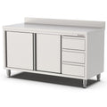 Edelstahl Arbeitsschrank, 1500x600x900mm, mit 3 Schubladen rechts und Aufkantung Qusinox