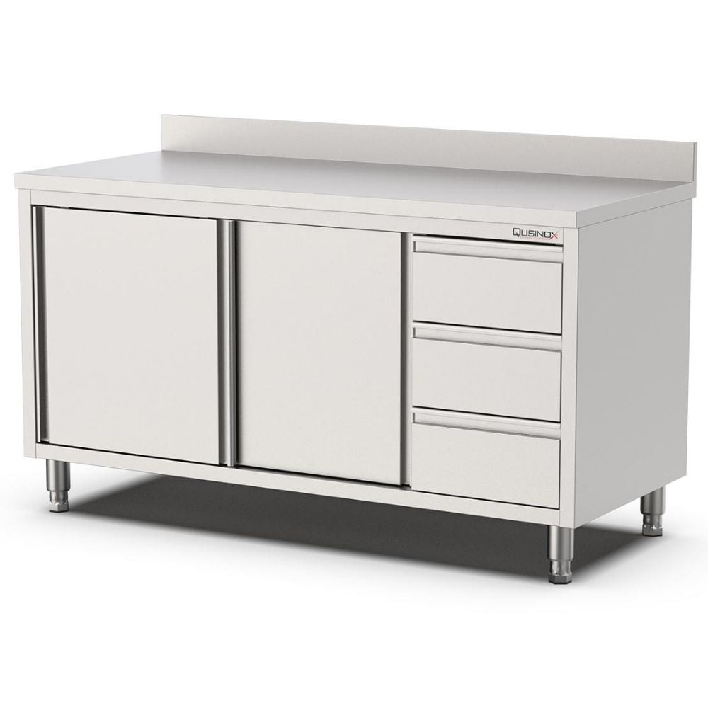 Edelstahl Arbeitsschrank, 1500x600x900mm, mit 3 Schubladen rechts und Aufkantung Qusinox