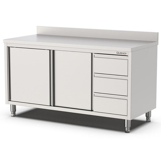 Edelstahl Arbeitsschrank, 1500x600x900mm, mit 3 Schubladen rechts und Aufkantung Qusinox