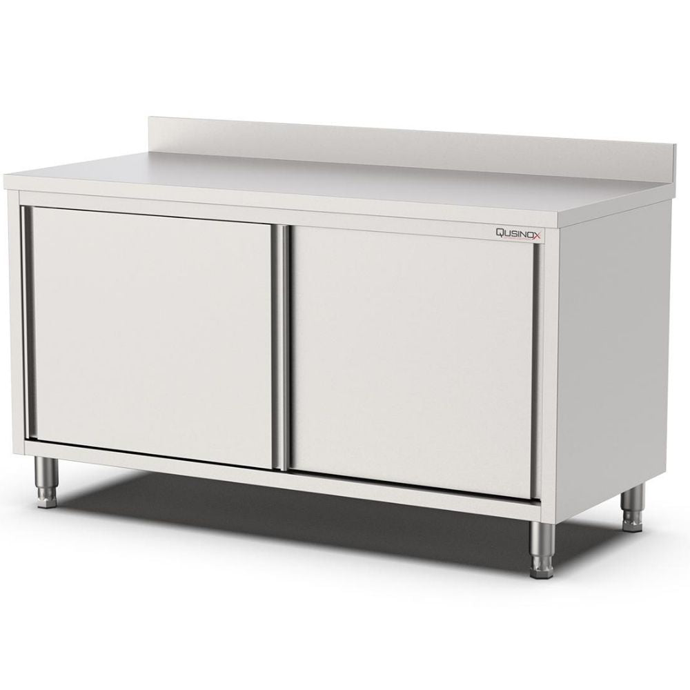 Edelstahl Arbeitsschrank, 2000x600x900mm, mit Schiebetüren und Aufkantung Qusinox