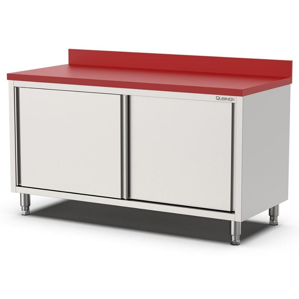 Edelstahl Arbeitsschrank, 1400x700x900mm, mit Polyethylen Schneideplatte, Schiebetüren und Aufkantung Qusinox