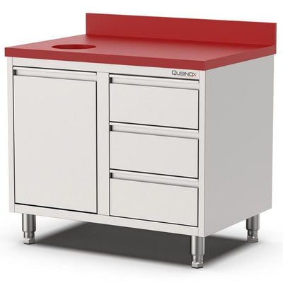 Qusinox Work Cabinet 1000 mm – 3 Drawers on the Right, Waste Bin