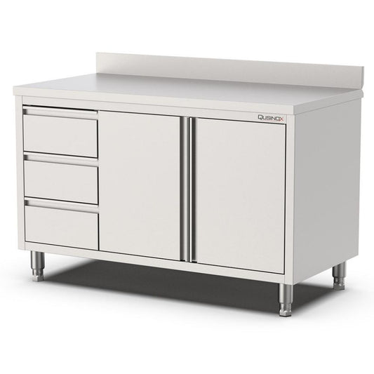 Edelstahl Arbeitsschrank, 1000x600x900mm, mit Flügeltüren, 3 Schubladen links und Aufkantung Qusinox