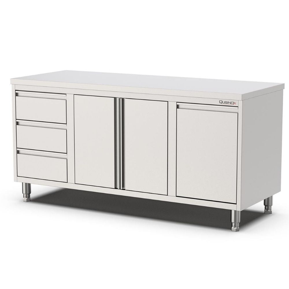 Edelstahl Arbeitsschrank, 1800x600x900mm, mit Flügeltüren, 3 Schubladen links und Kipptür Qusinox