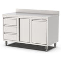 Edelstahl Arbeitsschrank, 1400x700x900mm, mit Flügeltür, 3 Schubladen links, Kipptür und Aufkantung Qusinox