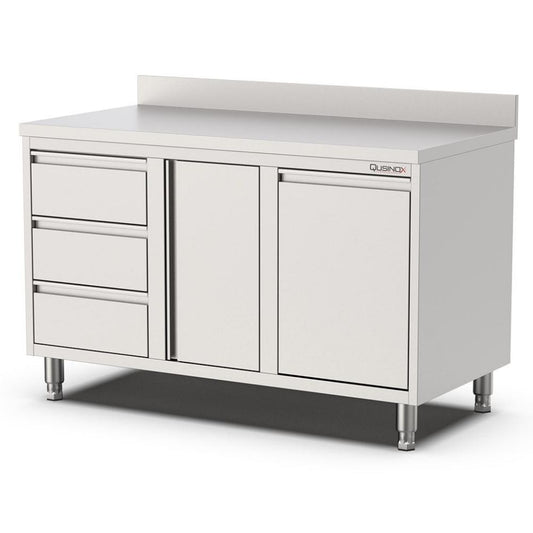 Edelstahl Arbeitsschrank, 1400x600x900mm, mit Flügeltür, 3 Schubladen links, Kipptür und Aufkantung Qusinox